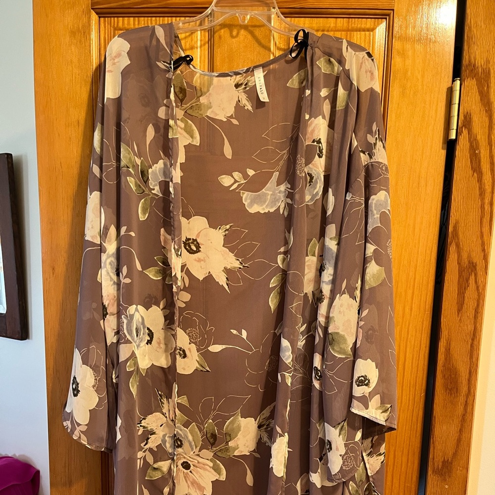 Emerald brand, 3x sheer cardigan top, plum and cream floral